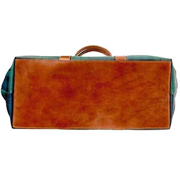 RALPH LAUREN BlackWatch Plaid Coated Canvas Brown Leather Top Zip Oversized Bag - Picture 9 of 16
